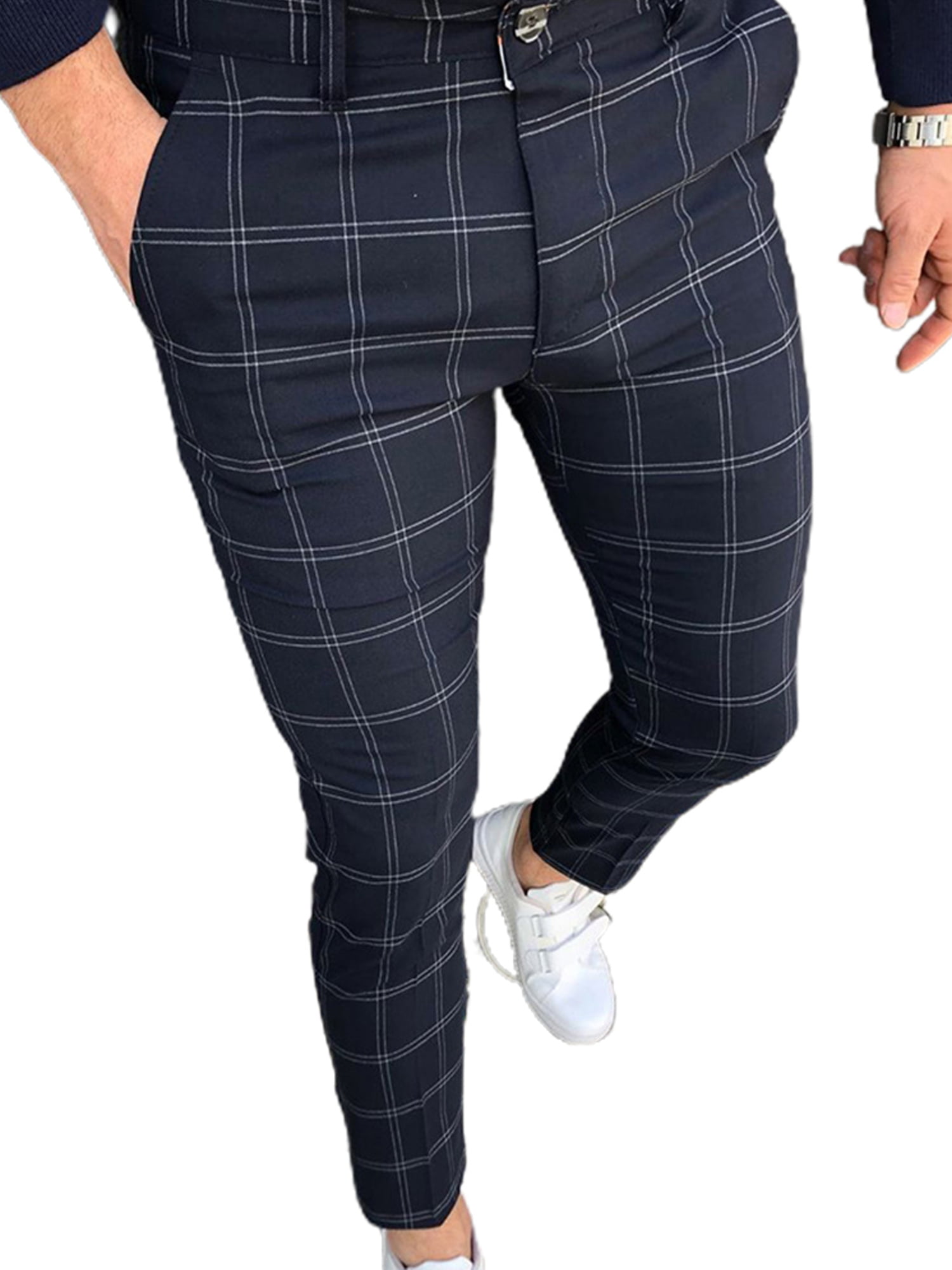 Men Casual Plaid Checkered Print Chino Pants Gentleman Work Business ...