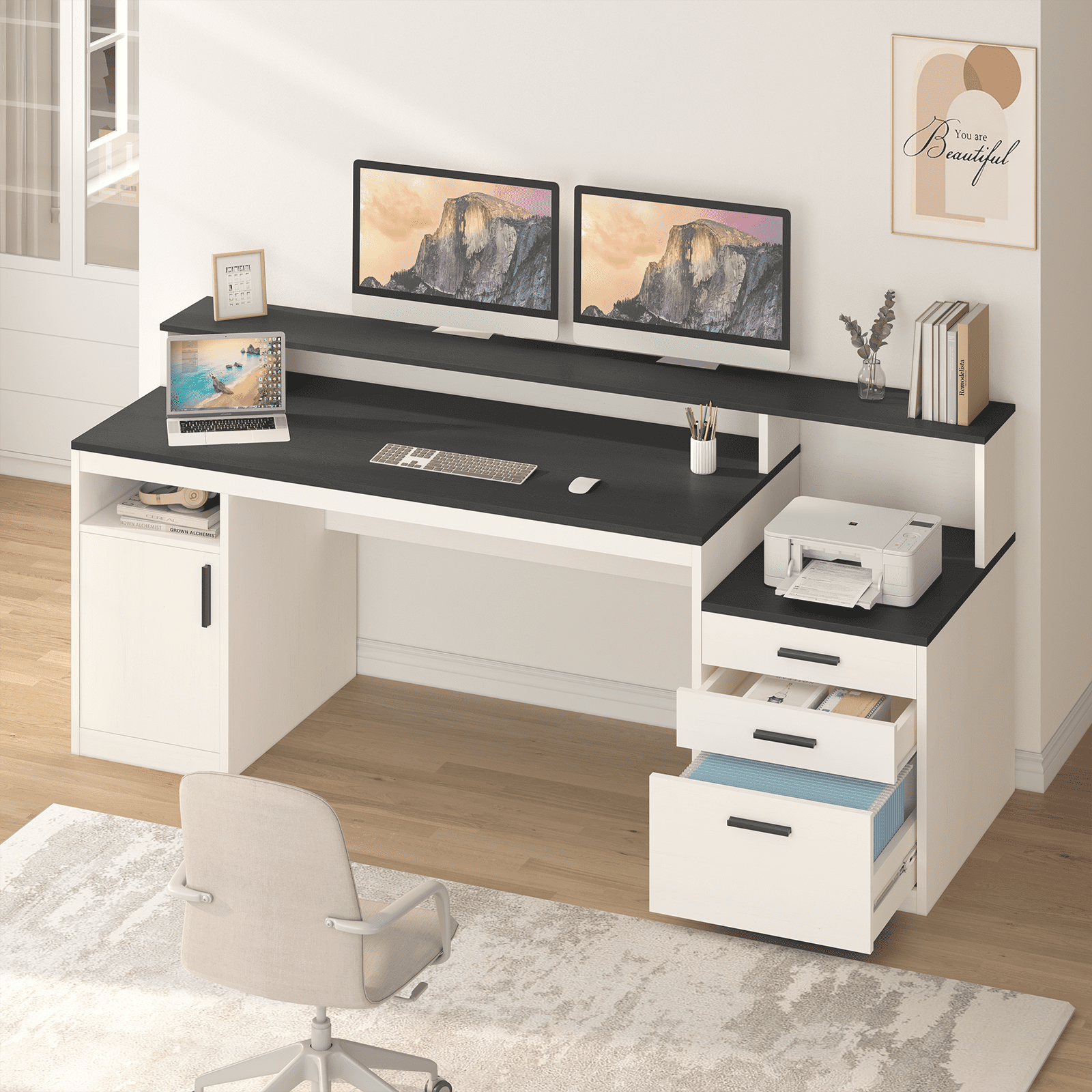 65 Inch Computer Desk with 3 Drawers & Storage Shelves, Executive Desk with File Drawer & Cabinet, Home Office Desk with Long Monitor Stand & Printer Shelf, Black & White