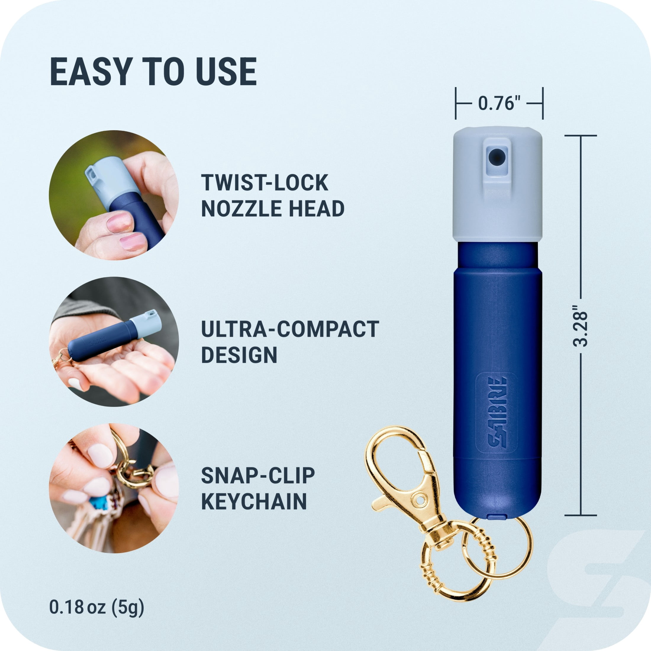 SABRE Mighty Discreet Pepper Spray with Snap-Clip Keychain, Two Tone Blue, 1 Count, Pocket Pepper Sprays