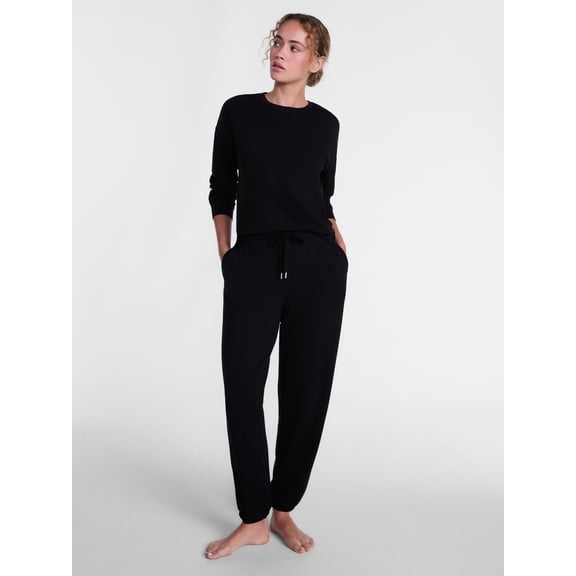 Joyspun Women's Fleece Lounge and Sleep Pajama Set, 2-Piece Crewneck Top and Joggers, Black Soot, Sizes XS-3X