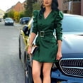 thumbnail image 5 of Spring Women Dress V Neck Belted Waist Smooth Faux Leather Long Bubble Sleeves Solid Color Commuting Shopping Office Mini Dress, 5 of 7