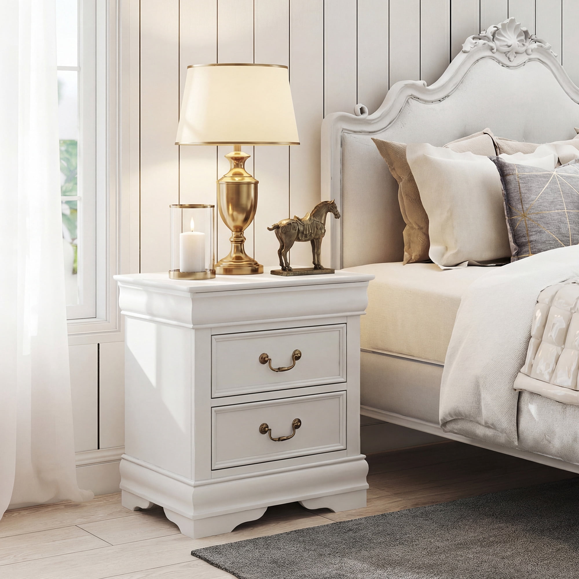 Aukfa 2-Drawer Nightstand, Mid-Century Modern Wood Bedside Table for Bedroom/Living Room/Guest Room,White