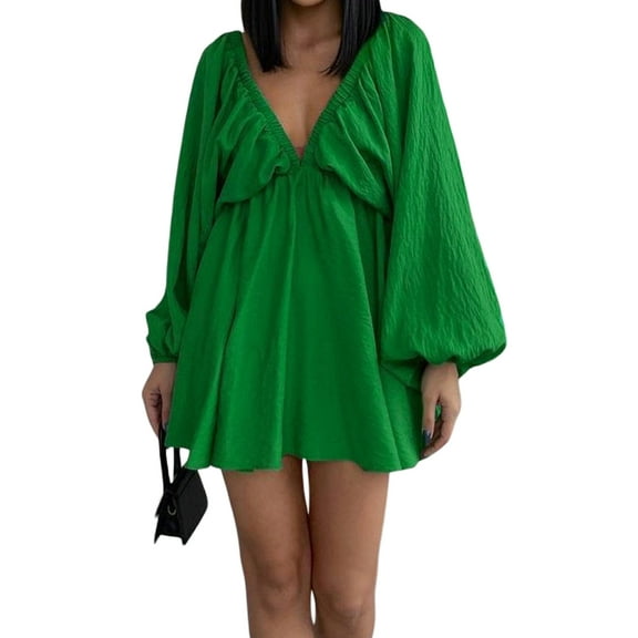 Michellecmm Women's Summer Mini Dress Long Lantern Sleeve Deep V Neck A-Line Dress