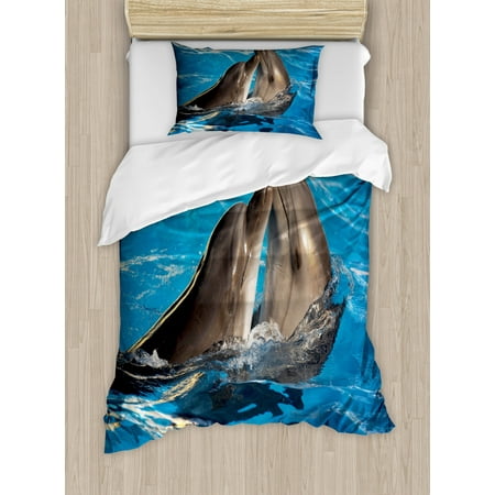 Dolphin Twin Size Duvet Cover Set, Aqua Show Pair of Dolphins Dancing in the Pool Animal Family Tenderness Love, Decorative 2 Piece Bedding Set with 1 Pillow Sham, Blue Dark Taupe, by Ambesonne