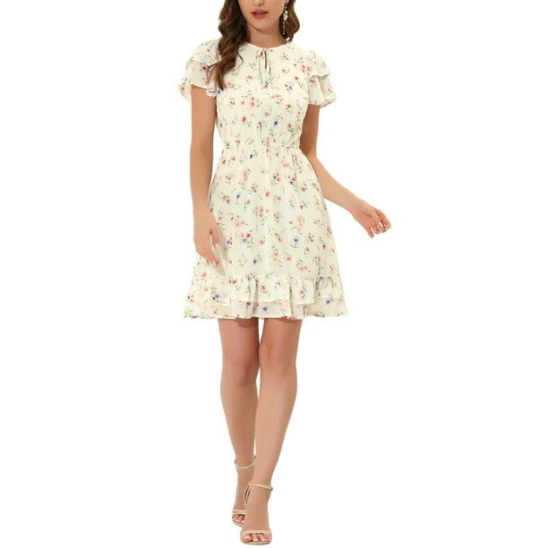 Vestido de gasa floral con volantes y cuello en V para mujer, con mangas acampanadas y lazo, por encima de la rodilla, color crema blanco