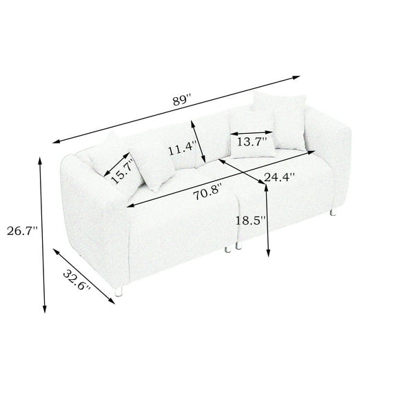 Living Room Sofas 89 inch Sofa for Living Room, Fashion Sofa with Metal Legs, 3 Seater Sofa, Solid Wood Frame Couch with 4Pillows, for Apartment Office Living Room - White,Comfortable Sofas