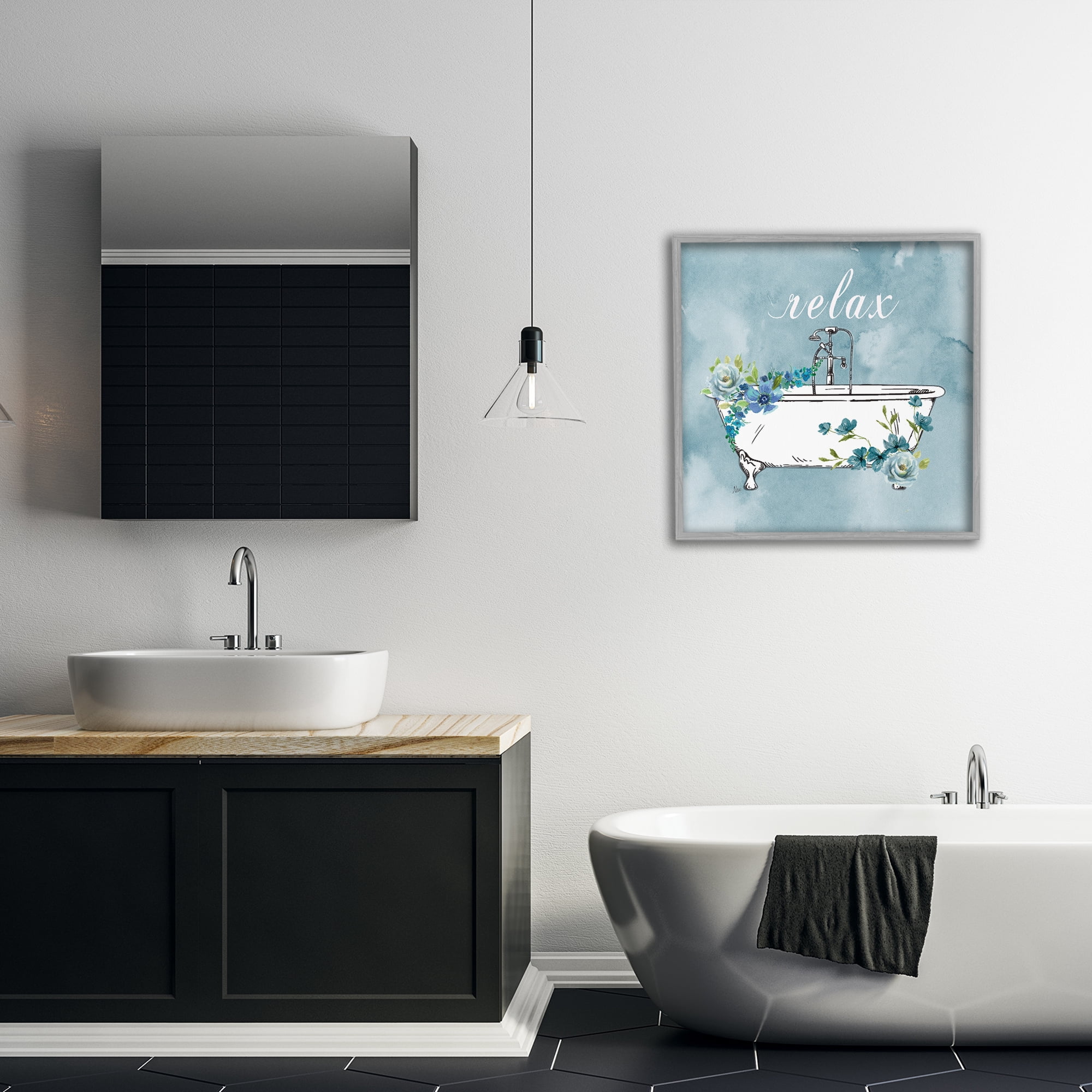 Stupell Industries Floral Bathroom Rules Relax Gray Framed Giclee Art, design by Nan