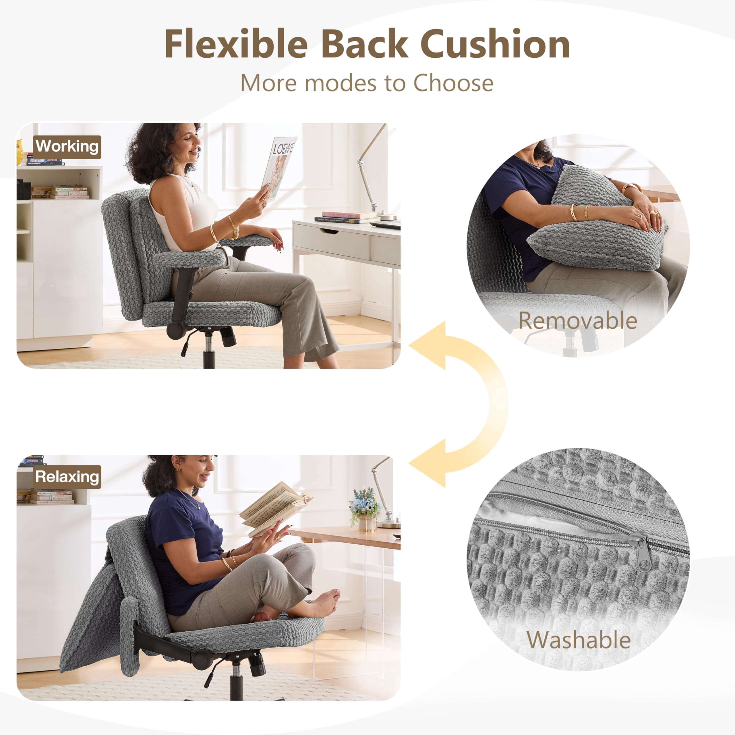 Nexthro Criss Cross Chair,Cross Legged Chair with Wheels and Arms,27" Wide Seat Office Desk Chair with Flipable Back Cushion,Mid Back Beige Swivel Chair for Home Office,Bedroom Vanity(Gray)