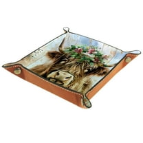 Women Girls Leather Square Dish Trinket Plate Jewelry Tray for Mothers Day Birthday Gift, Farm Highland Cow with Wreath
