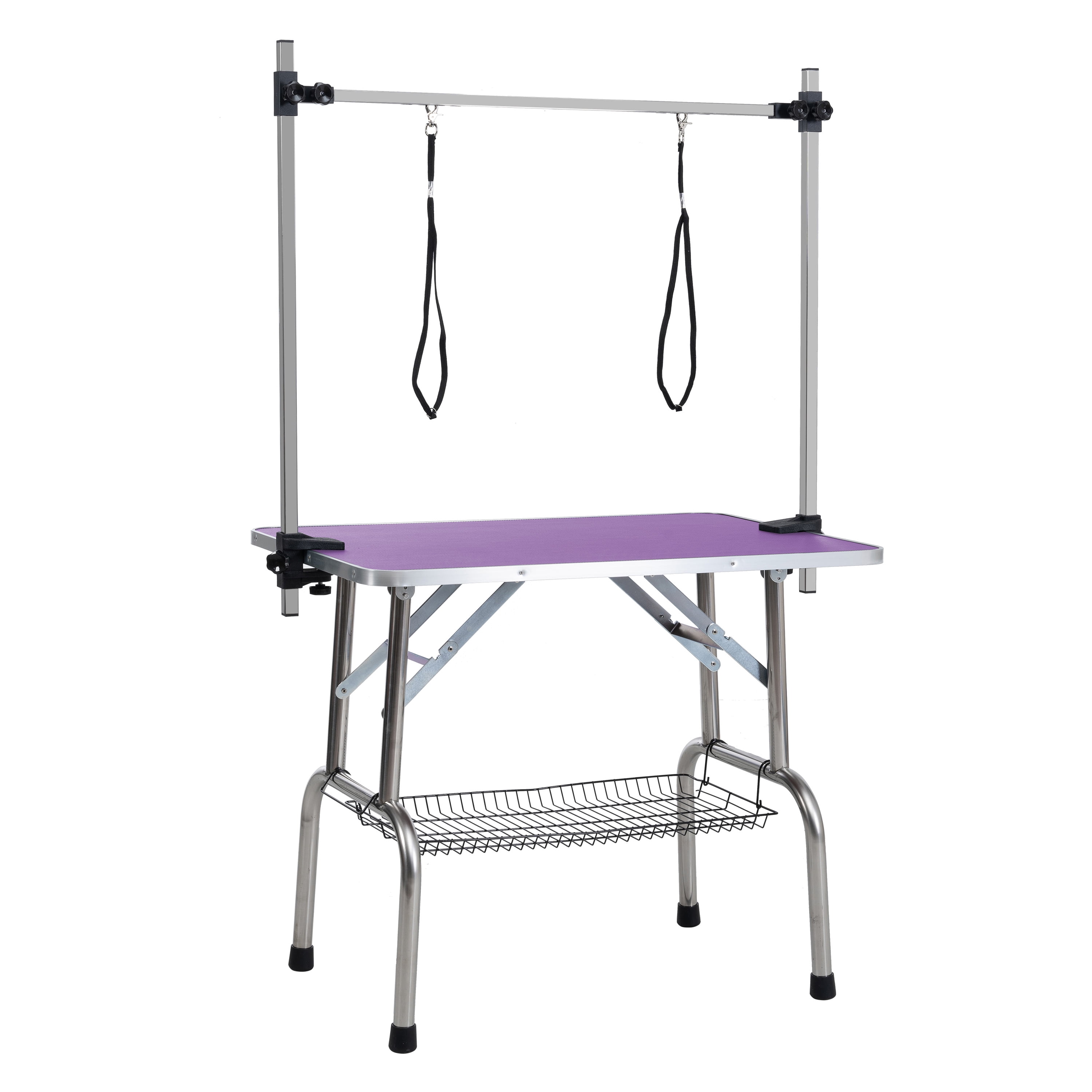 46" Folding Dog Pet Grooming Table Stainless Steel Frame Rubber Mat on Board with Adjustable Arm and Clamps pet dog Cat Grooming Table