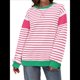 thumbnail image 1 of Sudadera Informal de Larga con Cuello Redondo y Rayas de Color Block para Mujer. Rosa Verde M, 1 of 5