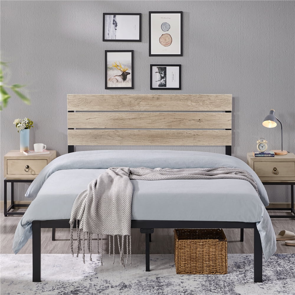 Yaheetech Metal Bed Frame with Wooden Headboard Mattress Foundation