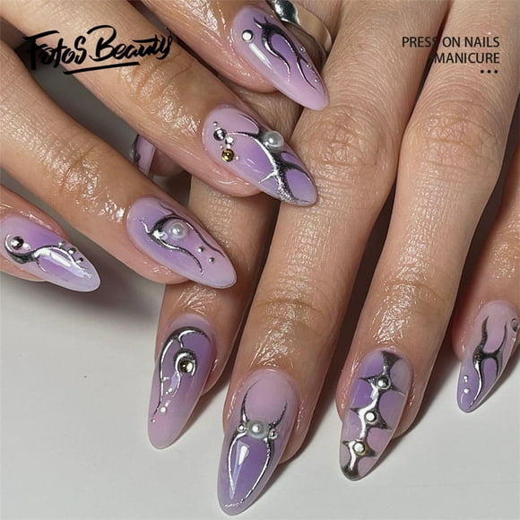 Fofosbeauty 24pcs Press on False Nails Tips, Almond Fake Acrylic Nails, Hot stamping Silver Flame Purple