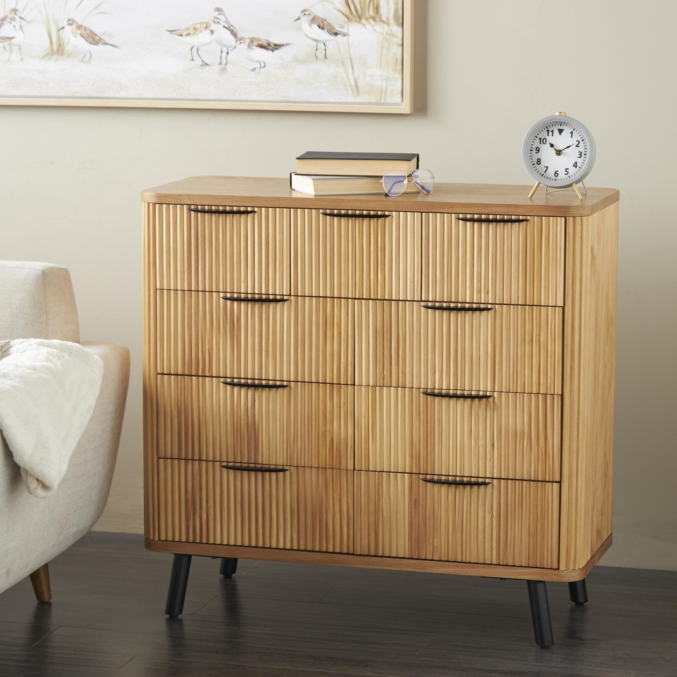DecMode 38" x 36" Brown Wood Ribbed 9 Drawer Chest, 1-Piece