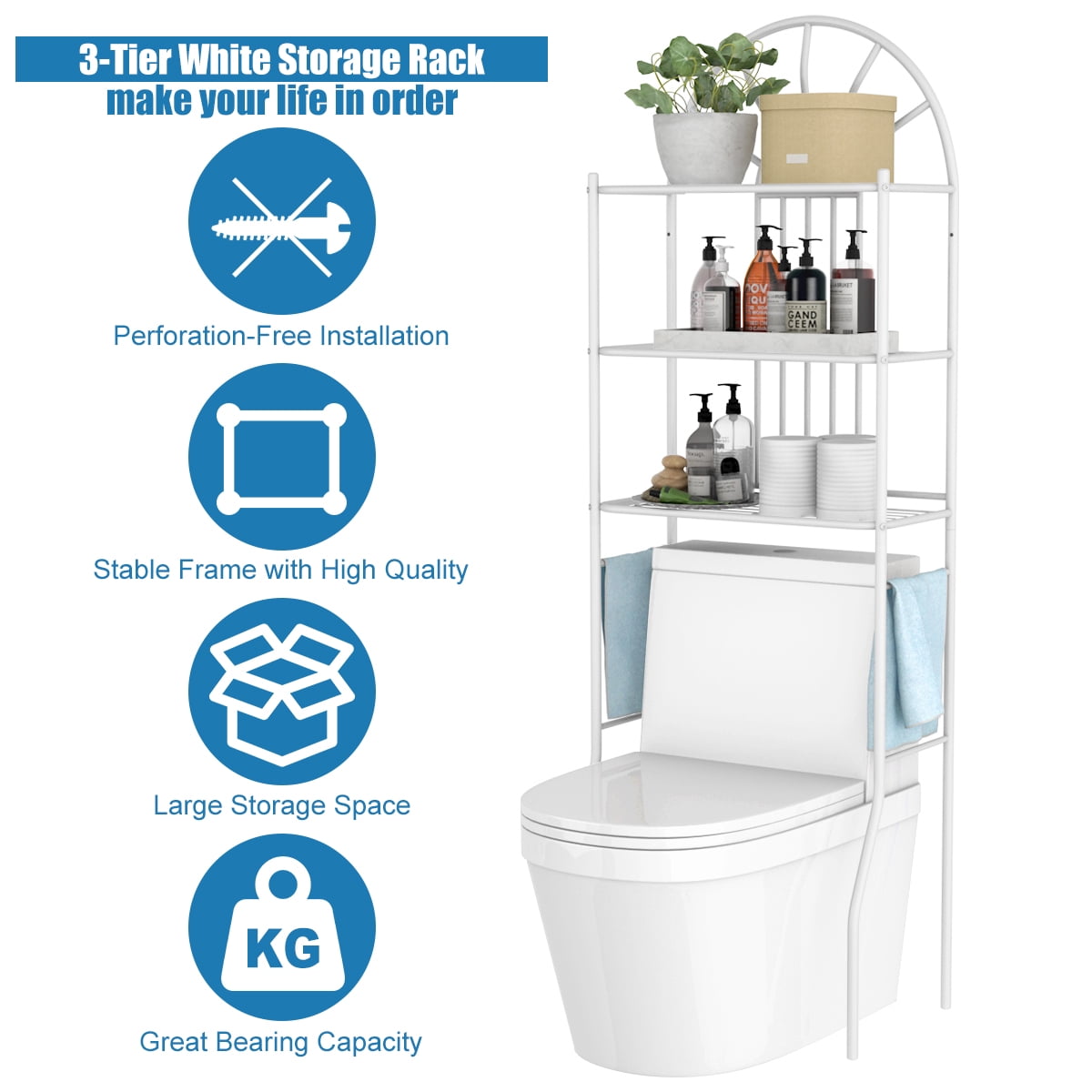 Gymax 3 Shelf Bathroom Metal Storage Rack over the Toilet Space Saver White
