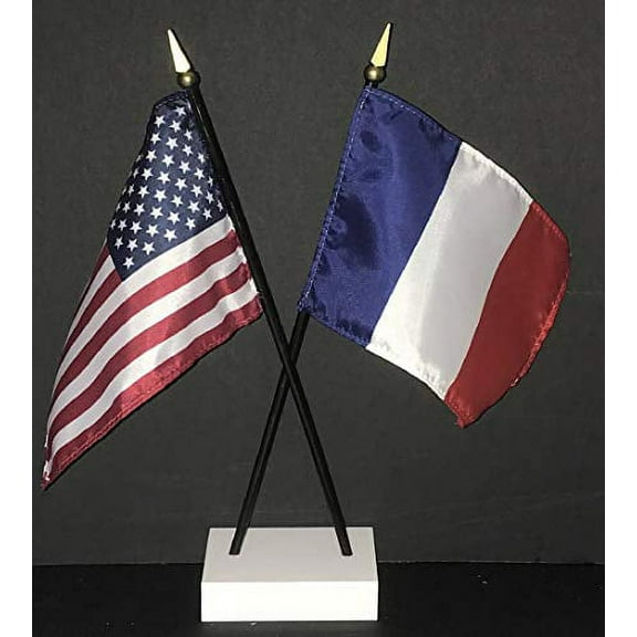 Made in USA. 1 American and 1 France Miniature Rayon 4"x6" Office Desk Flag. Little Hand Waving French Table Flag, Includes Crossed White Flag Stand with 2 Small 4"x6" Mini Stick Flags