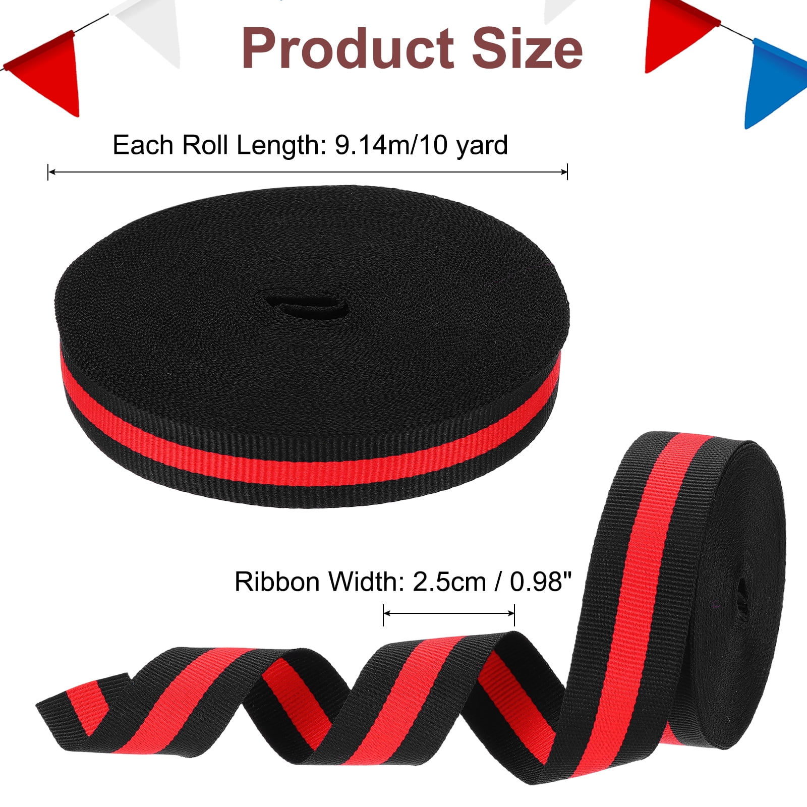 Uxcell 1"Black Red Striped Grosgrain Ribbon 10 Yard Polyester Stripe Ribbon