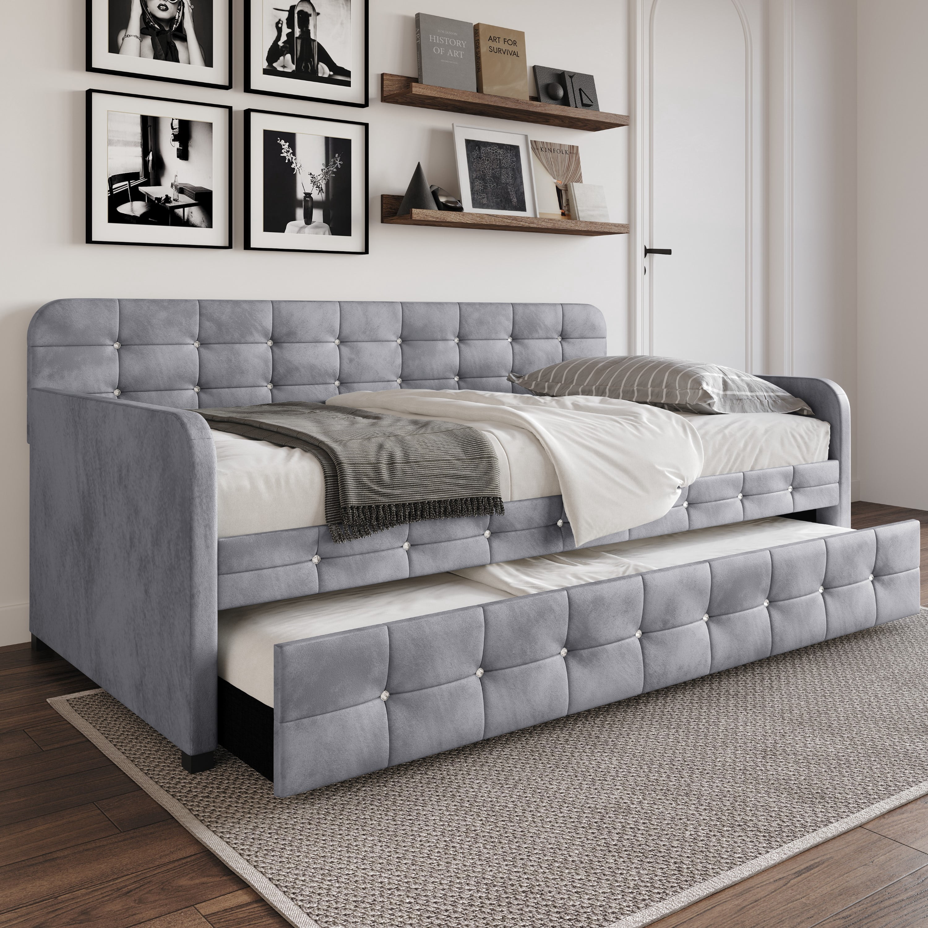 Home Design Elyria Twin Daybed with Velvet Upholstery, Diamond Button Tufting, Rounded Arms, Pull-Out Trundle, Solid Wood Frame, Stylish Seating and Sleeping, Gray