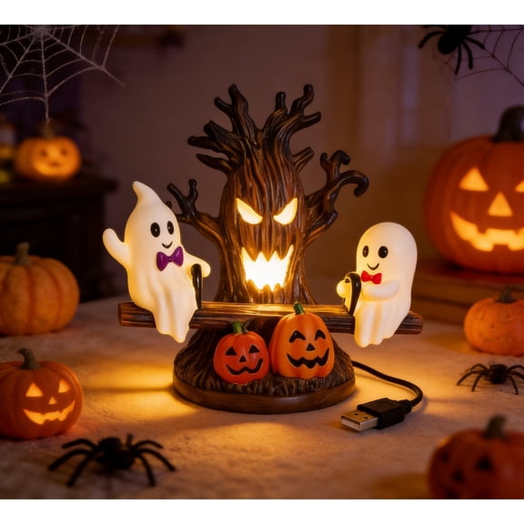Animated Ghost Seesaw Halloween Night Light, Spooky Haunted Tree Pumpkin LED Wall Plug Decor, Quiet Moving Ghost Halloween Nightlight, USB Type