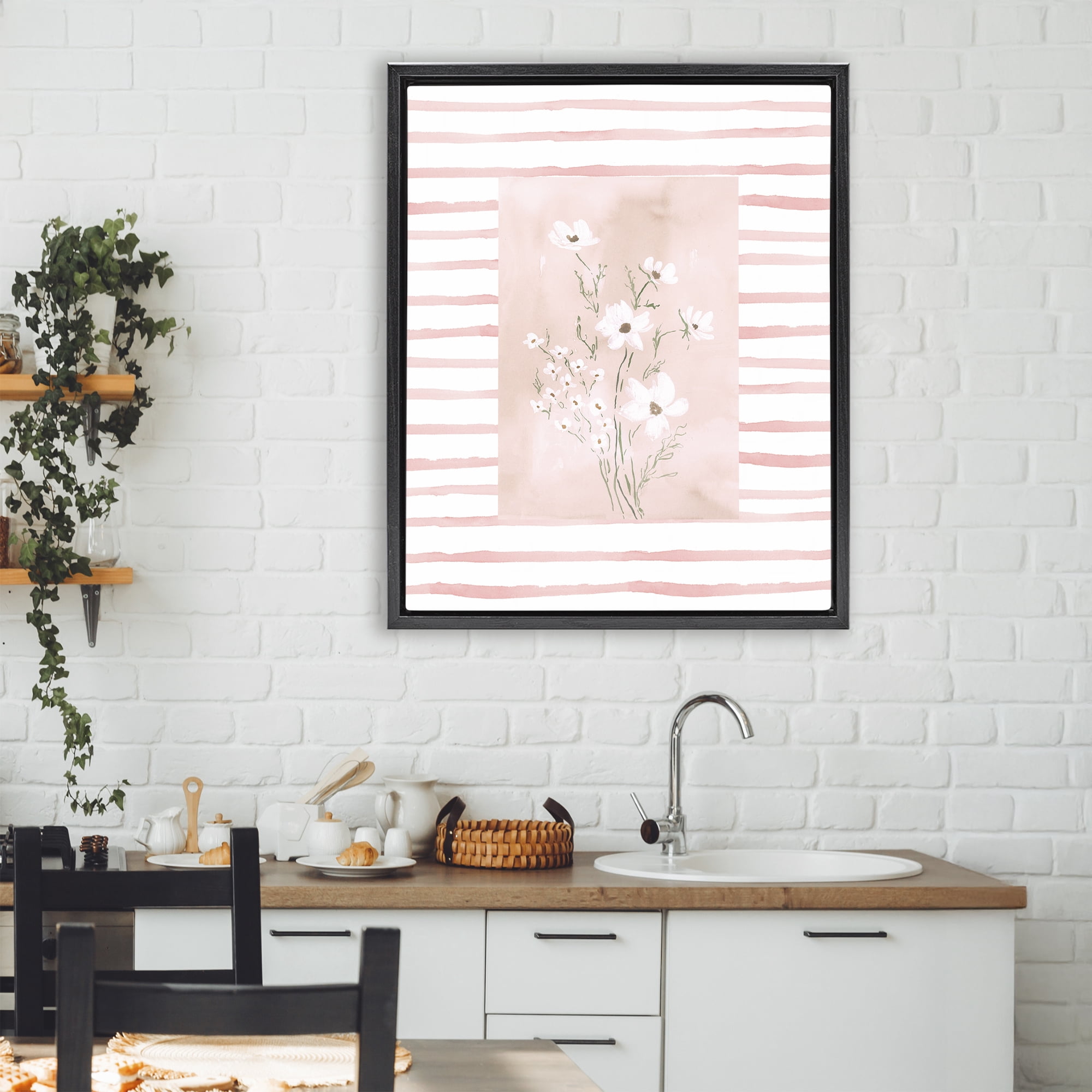 Stupell Industries White Cosmos on Pink Stripes Black Framed Floater Canvas Wall Art, design by Lucille Price