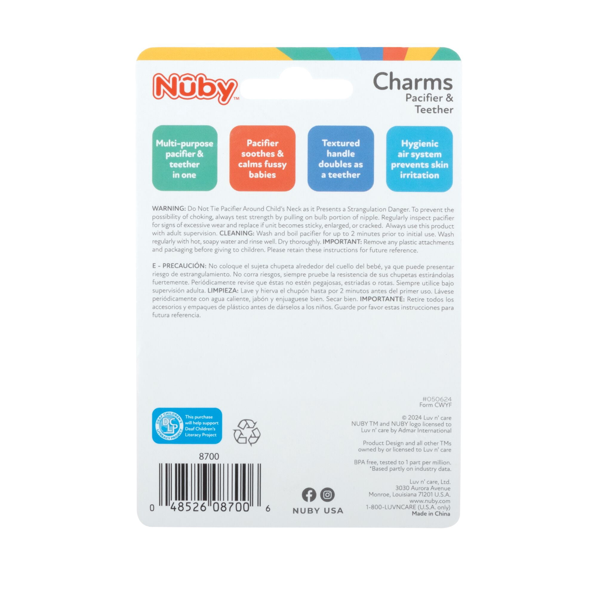 Nuby Silicone Softee Pacifier with Teething Charms for Infants, 2 Pack