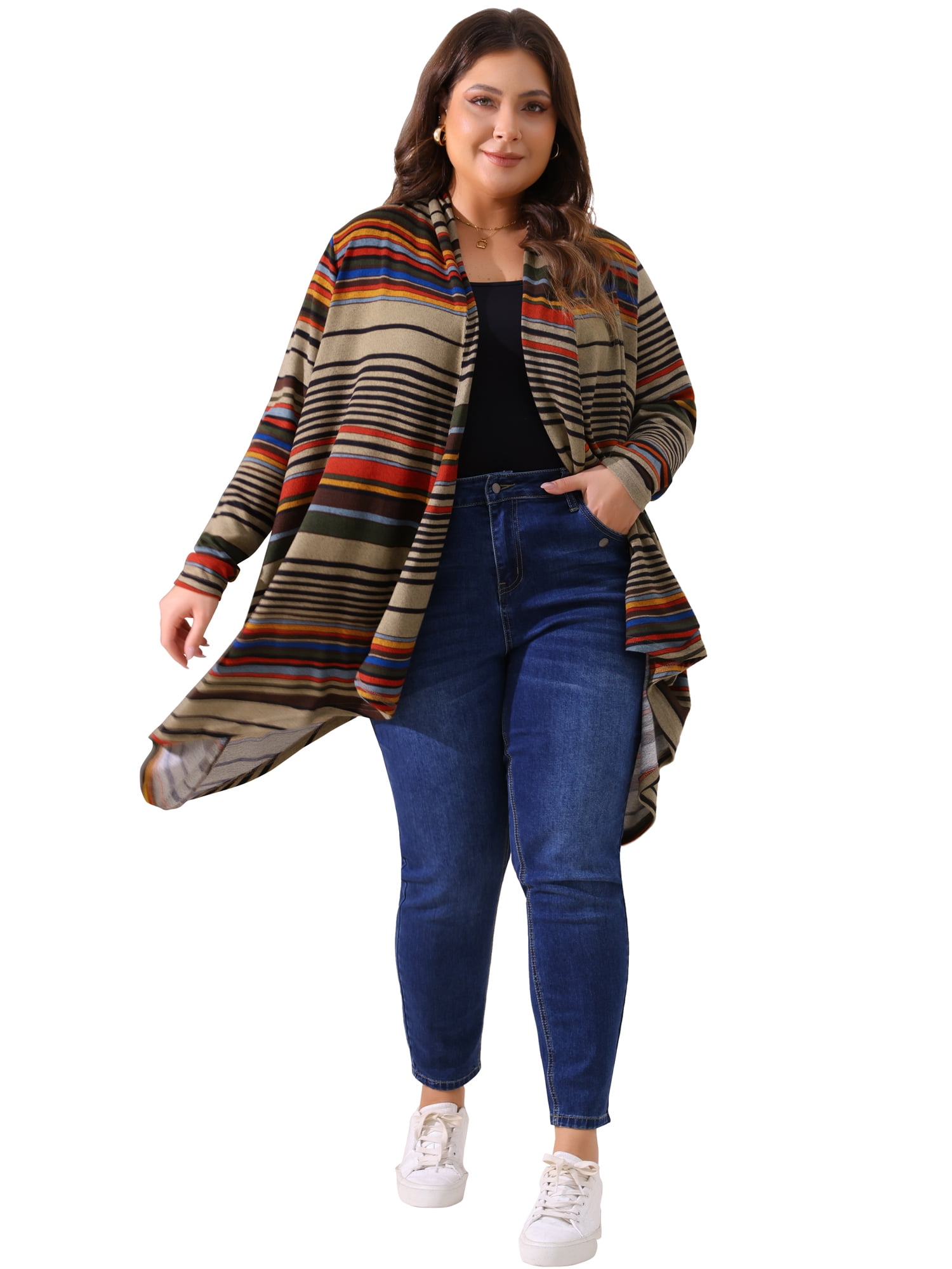 DARING DIVA Plus Size Long Sleeve Open Front Knit Stripe Cardigan 3X Beige