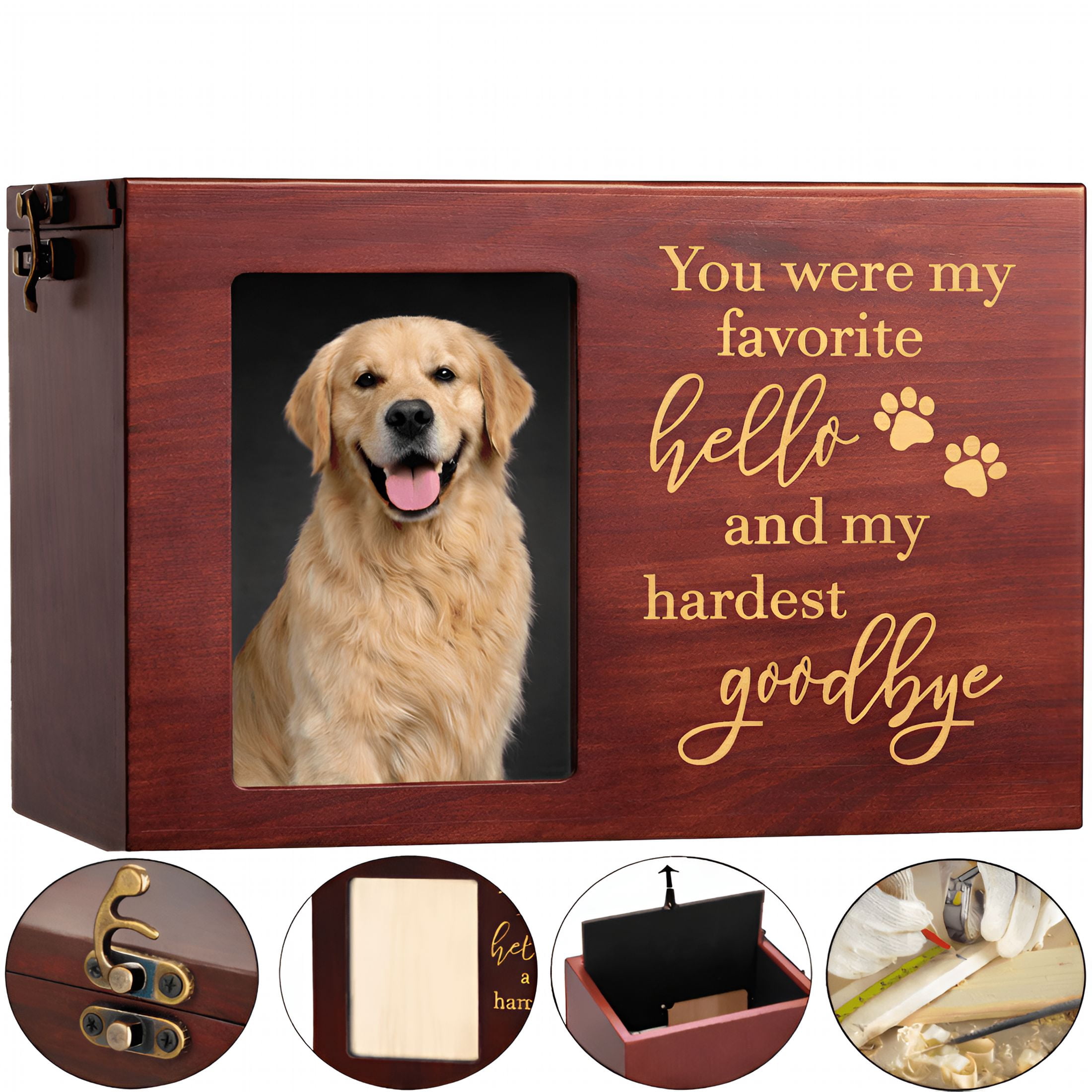 XIBUFE Pet Memorial Urn,Large Wooden Cremation Urn with Photo Frame,Keepsake Memory Box for Dog and Cat Ashes,Black Flannel Lining