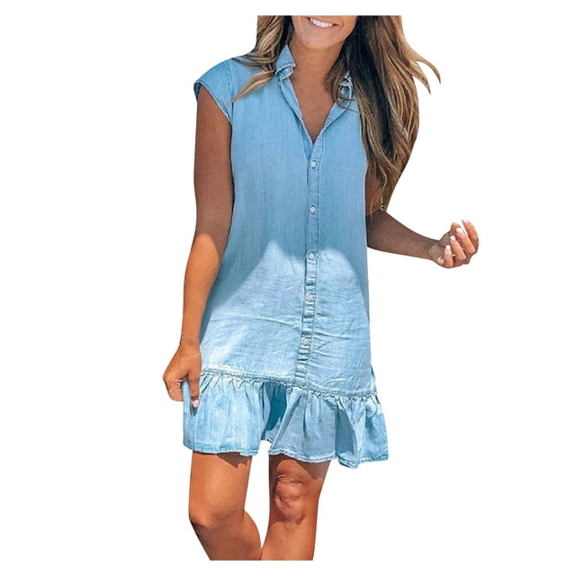 Leutsin Robe Maxi d'Été Décontractée pour Femme à Col Rabattu en Denim, de Fête, Grande Taille, Sans Manches, Évasée, Grande Taille