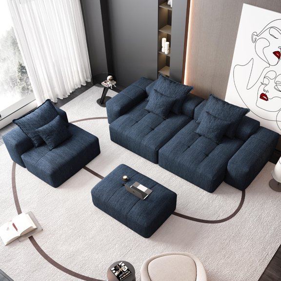 Modern Oversized Modular Sectional Sofa,Sparkling Chenille Fabric Soft Cushion Sofa with 6 Pillows,6 Pcs Diy Combination Tufted Sofa,No Assembly Required (Blue)