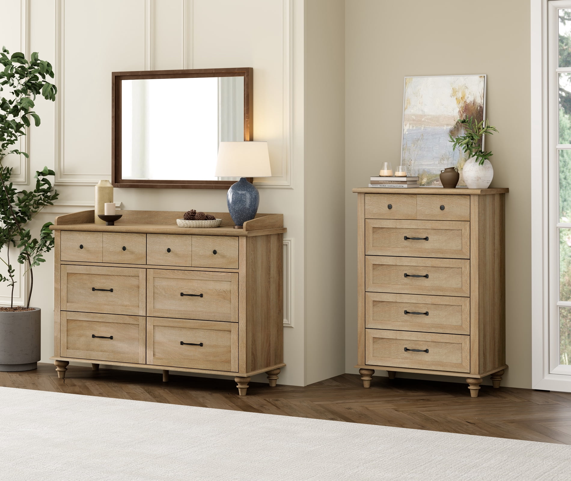 2 Piece Dresser Set, 6 Drawer Dresser & 5 Drawer Dresser, Wooden Storage Organizer for Bedroom Living Room, Oak
