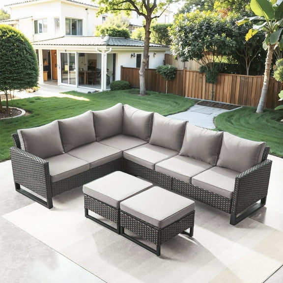 PARKWELL 5 Pieces Outdoor Sectional Sofa All Weather Wicker Rattan Sofa Set with Cushion and Ottoman Patio Conversation Furniture Set in Gray