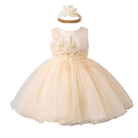 Girls Princess Gown Performance Sleeveless Tulle Flower Girl Dress with Floral Embroidery and Bow for Kids Baby Girls Party Wedding Birthday Gown Set Princess Dress Up for Girls 4-6 (Champagne 80)