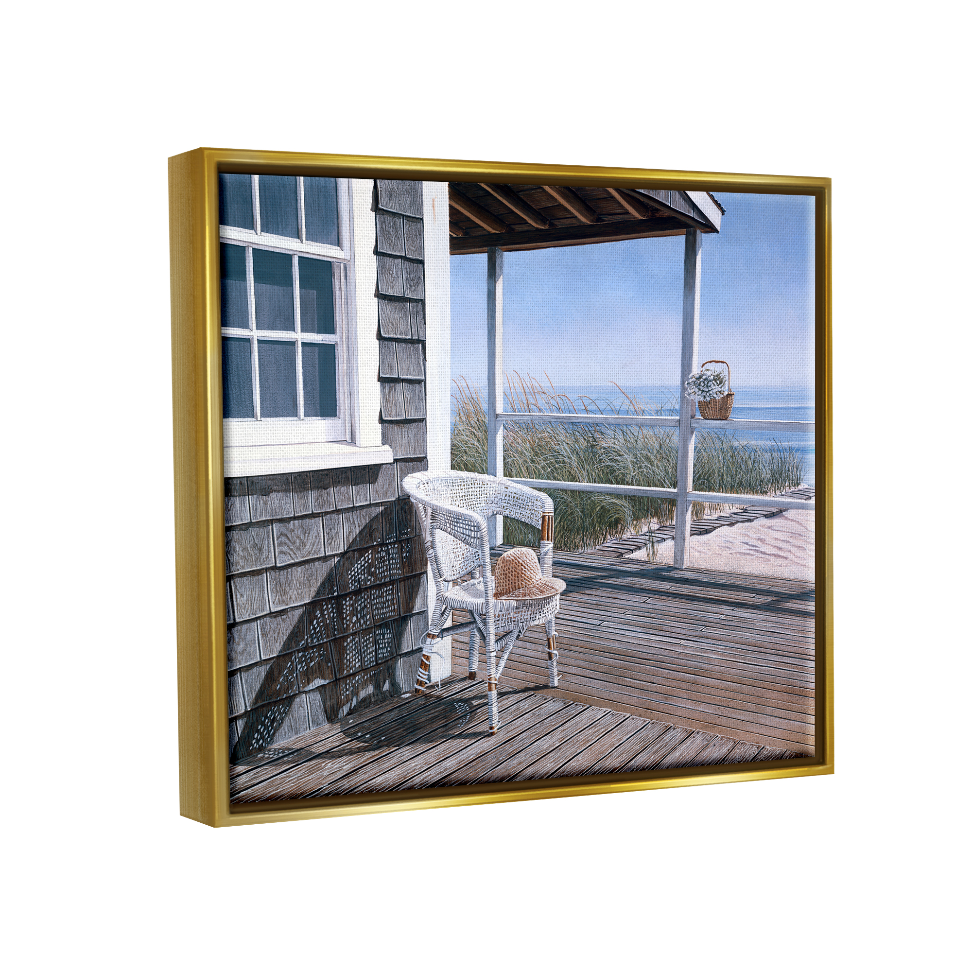 Stupell Industries Coastal Cottage Porch Chair Seaside Boardwalk Scenery Painting Metallic Gold Floating Framed Canvas Print Wall Art, Design by Tom Mielko