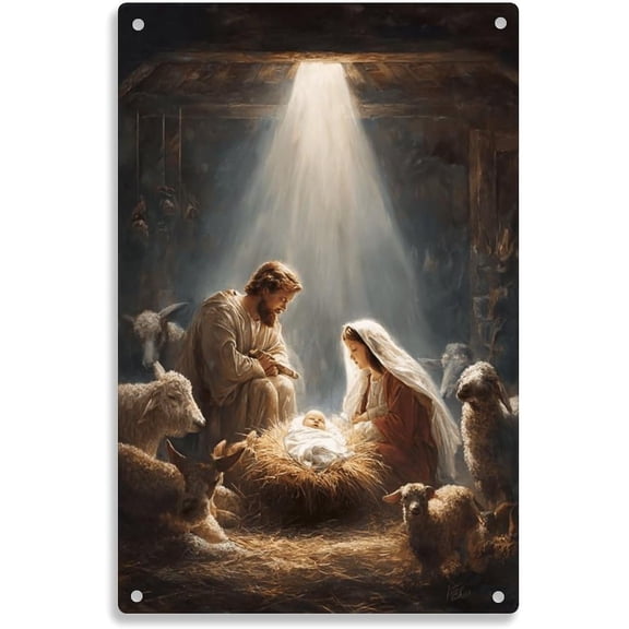 Nativity Scene Holy Family Tin Sign Vintage Christmas Metal Sign Suitable for home， church， and gallery wall decor 8 x 12， easy to hang
