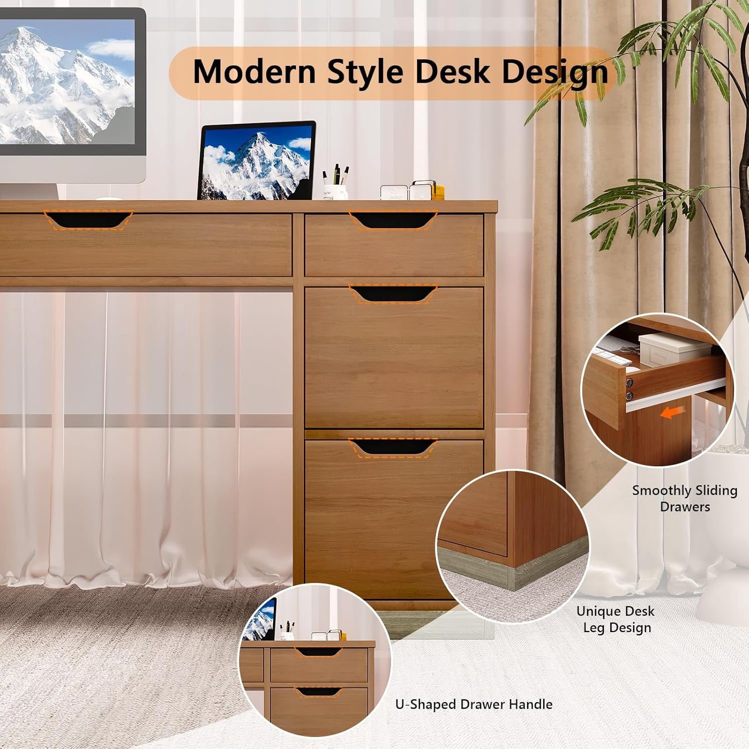 DreamCurship 54" Executive Desk with Storage, White Computer Desk with 7 drawers, Wood Home Office Desk with File Drawers, Brown