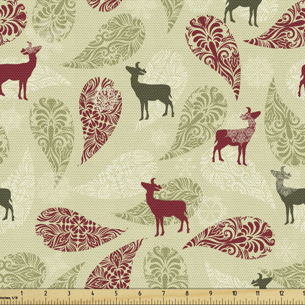 Deer Fabric by the Yard, Paisley Deer Ornate Swirled Abstract Christmas