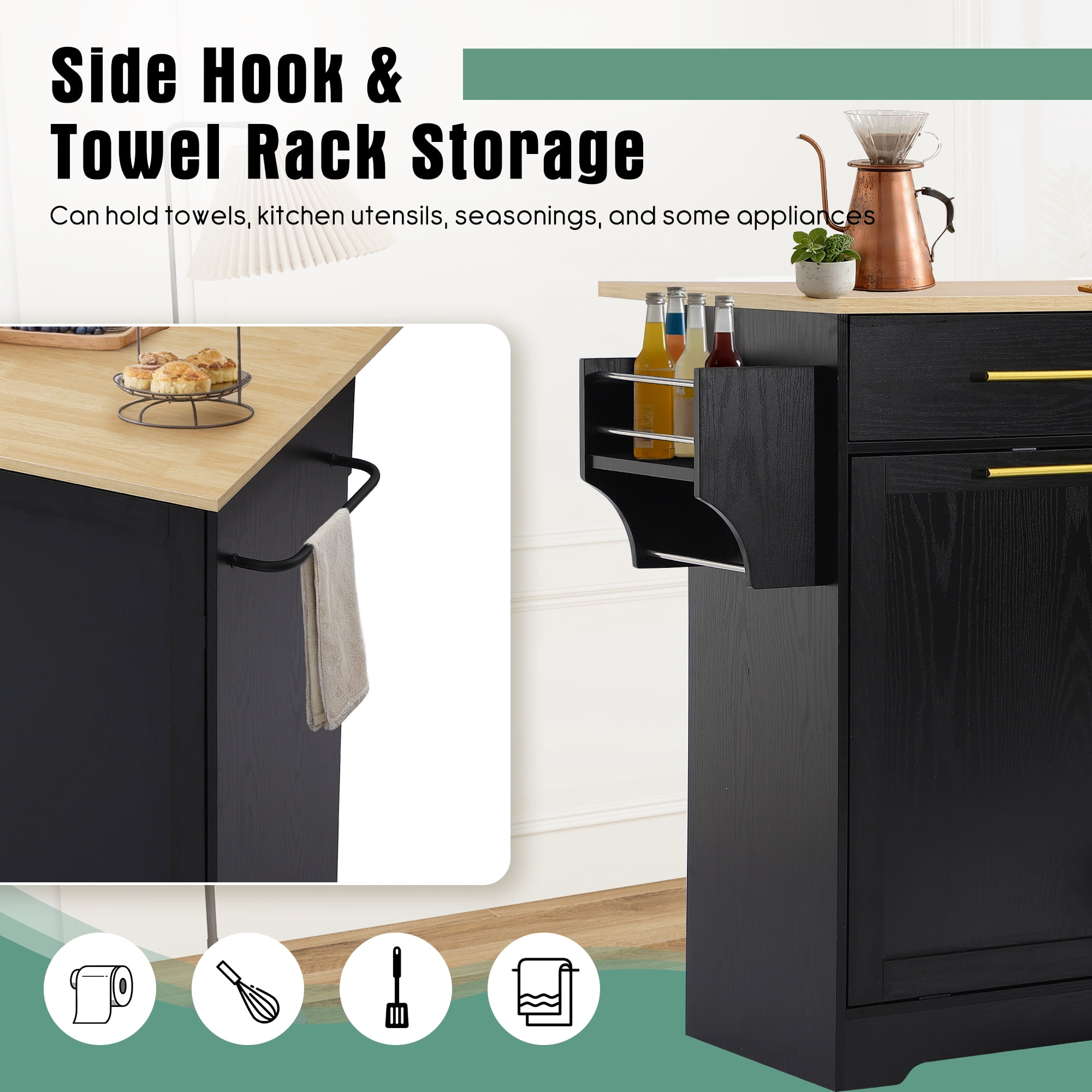 Haverchair 39.7" Kitchen Island with Drop Leaf and Storage Cabinet, Mobile Kitchen Rolling Bar Cart with Trash Can Cabinet and Drawer, Modern Island Table for Kitchen with Spice Rack and Towel Rack