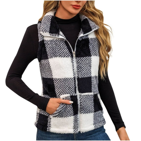 Cavosen Vest for Women Sleeveless Stand Collar Fleece Vest with Pocket Zipper Hooded Plaid Loose Jacket Windproof Warm Versatile Outerwear