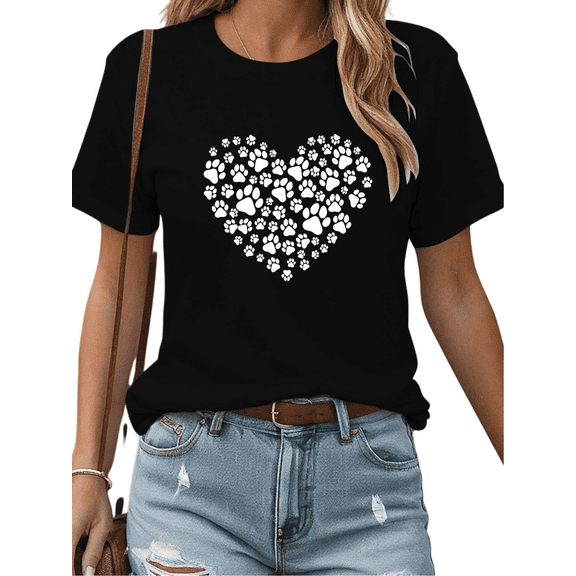 Pet Lover Paw Print Heart Black S-5XL Women's Cotton Graphic Tees Print Tshirt Shirts Casual Daily Comfort Tops