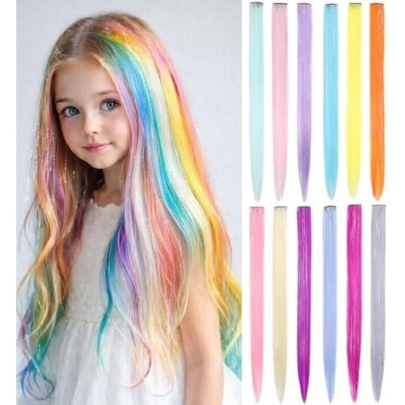 Colorful Clip In Hair Extensions with Tinsels 12 Colors Rainbow Tinsel Hair Extensions Clip Ins 22inch Colored Hair Accessories for Girls  Women
