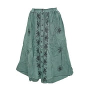 Mogul Womens Gypsy Skirts Floral Embroidered Rayon Button Front Green Skirt
