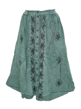 Mogul Womens Gypsy Skirts Floral Embroidered Rayon Button Front Green Skirt