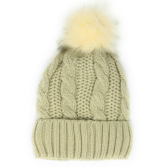 Urban-Peacock Cable Knit Metallic Beanie Winter Hat with Warm Fleece Lining & Pom Pom -Beige