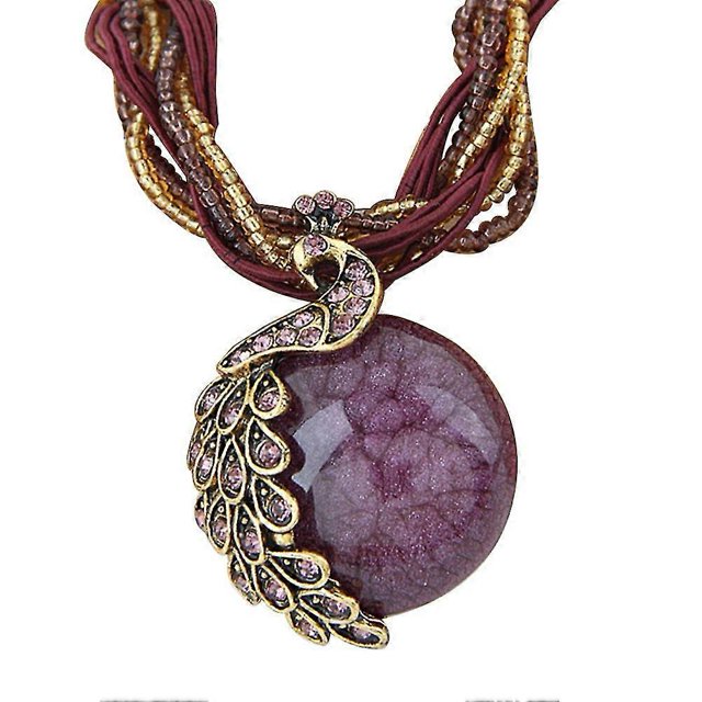 Renikh Bohemian Women Rhinestone Inlaid Peacock Round Faux Opal Pendant Necklace Gift--Dark purple-Product code 56153 Green