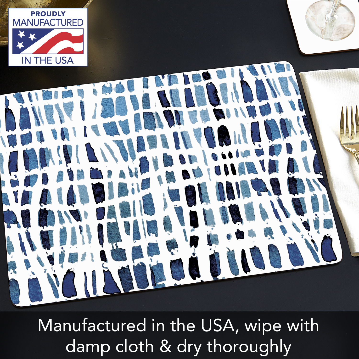 CounterArt "Indigo Wavy Lines" Hardboard Tabletop Placemats 4-Pack