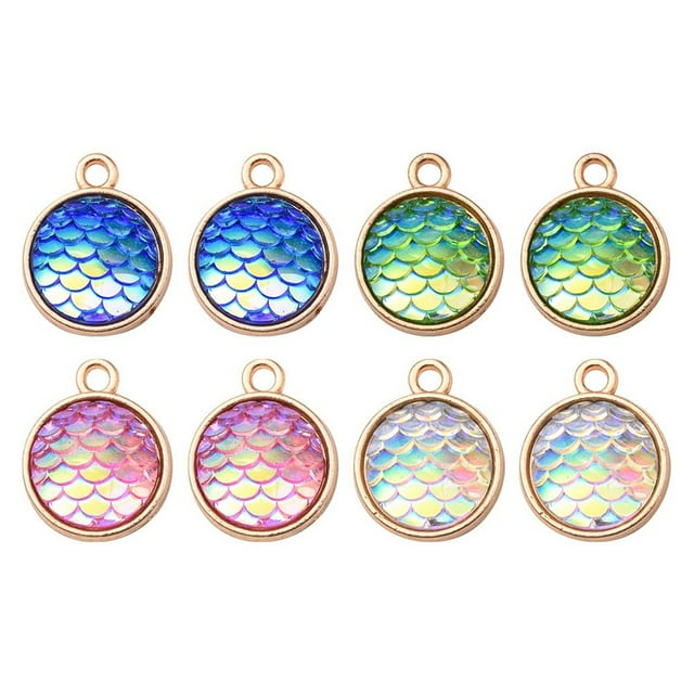 8Pcs 4 Colors Alloy Resin Pendants AB Color Flat Round Charms with Scales Pattern Golden Mixed Color 17x13.7x4mm Hole: 1.8mm 2pcs/color
