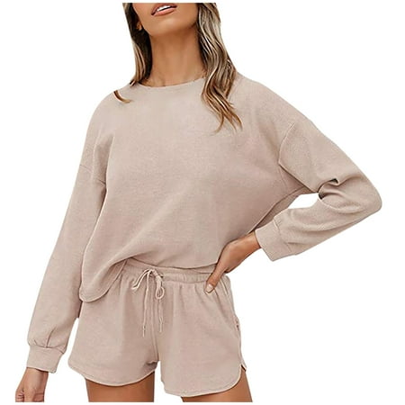 

gakvov Loungewear Set For Womens Waffle Knit Long Sleeve Top And Shorts Pullover Nightwear Lounge Pajama Set With Pockets