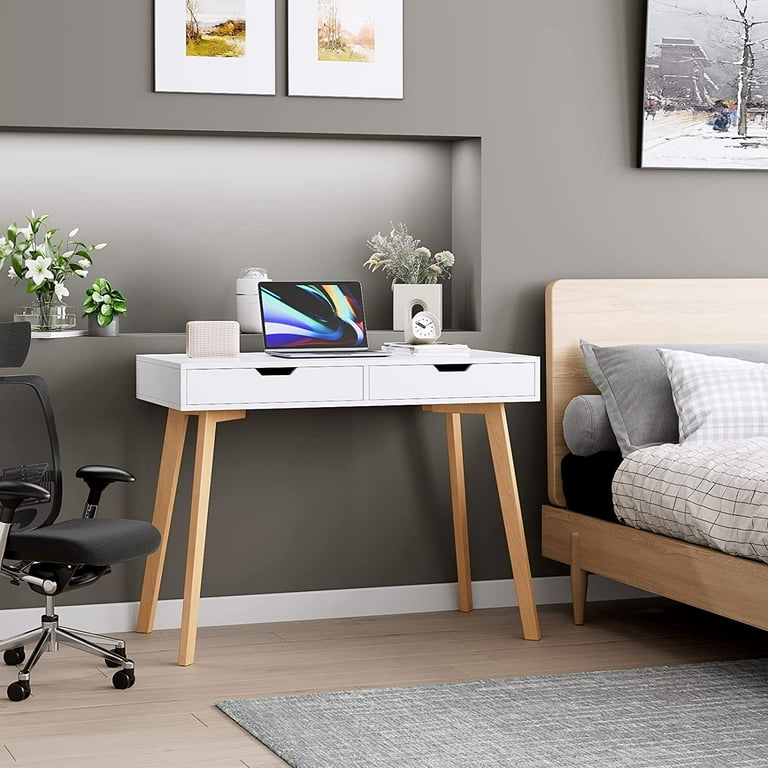 Homfa Computer Desk with 2 Drawers Oak Legs Writing Desk for Home Study Office White