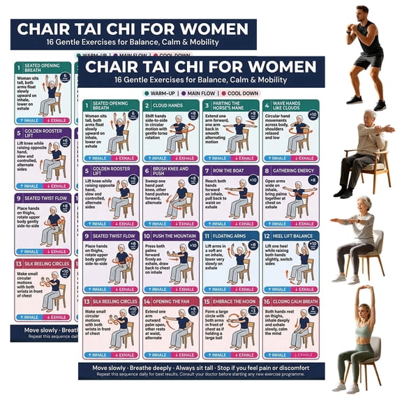 30-Day Chair Tai Chi Challenge Wall Chart for Seniors - Seated Exercises for Flexibility, Balance, and Core Strength