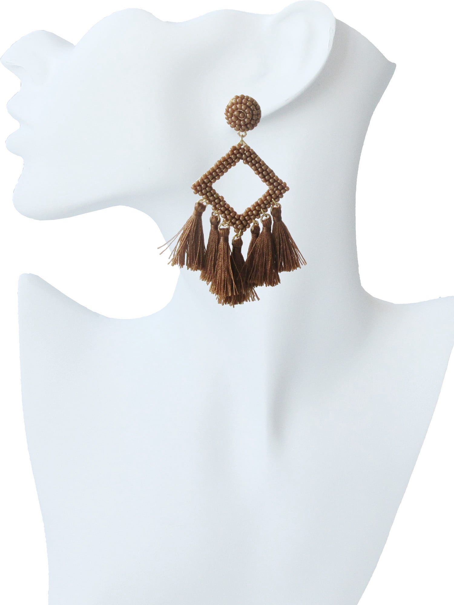 Time and Tru Women's Boho Chic Tassel Earrings Set - Brown & Winter White Hoops with Diamond & U-Shaped Metal Designs